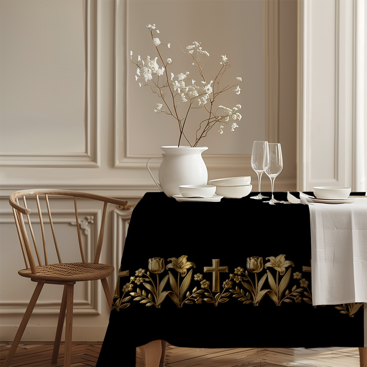 narożnik obrusa z powtarzającym się złotym wzorem przy krawędzi