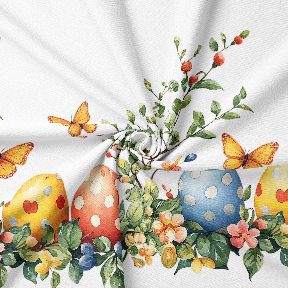 detal wzoru: kolorowe pisanki, motylki i delikatne kwiaty w stylu akwareli