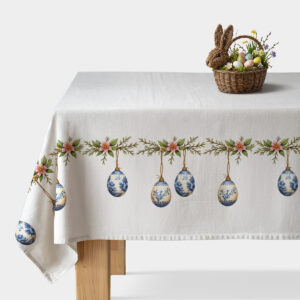 obrus z wzorem wiszących porcelanowych pisanek i gałązkami z różowymi kwiatami na białym tle