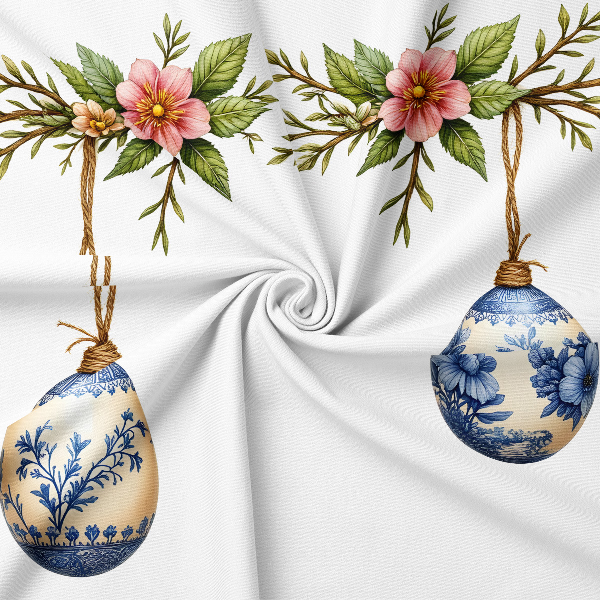 zbliżenie na detal wzoru: niebiesko-białe pisanki z roślinnymi motywami i skręcone sznurki