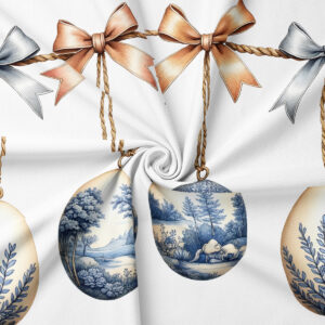 Zbliżenie na malowane niebieskie pisanki z motywem pejzażu i sznurki z kokardami