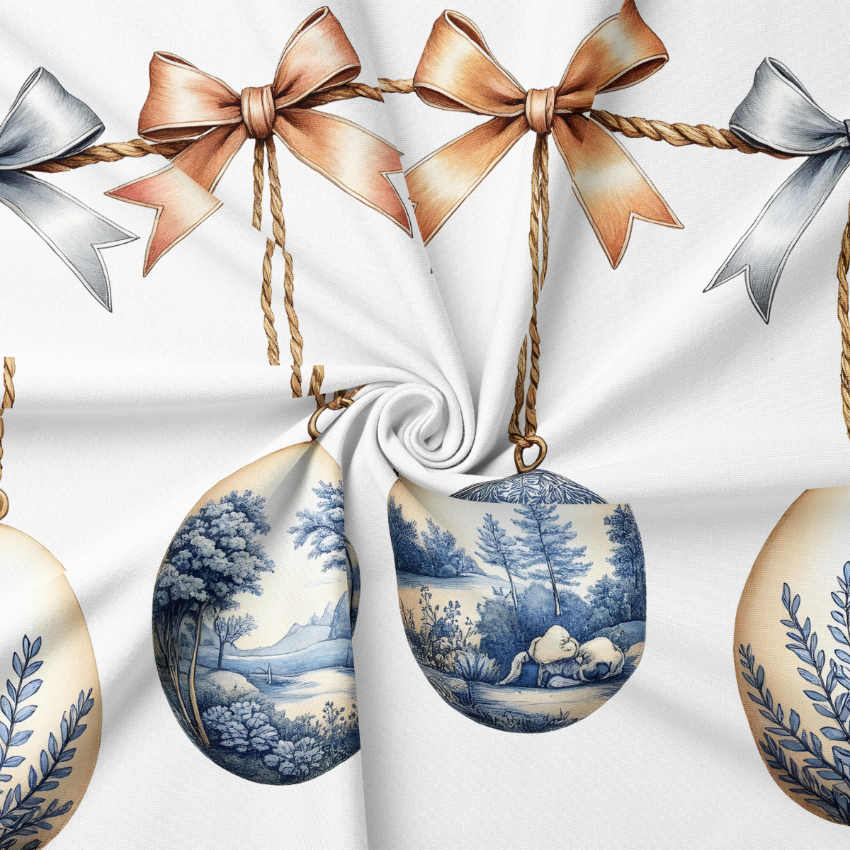 Zbliżenie na malowane niebieskie pisanki z motywem pejzażu i sznurki z kokardami