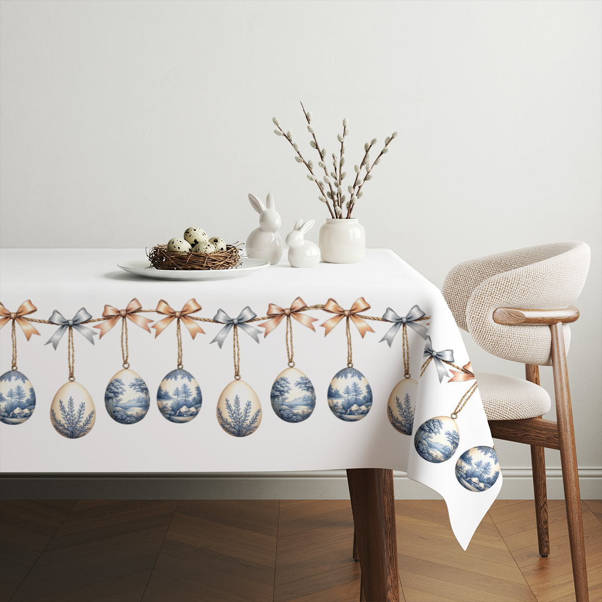 Aranżacja stołu z dekoracyjnym koszykiem z jajkami i białym obrusem z motywem pisanek