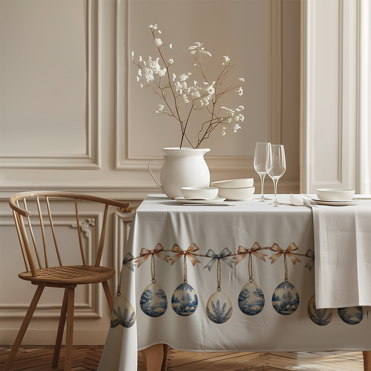 Detal kokard i struktury tkaniny obrusowej z delikatnym, malarskim wzorem pisanek