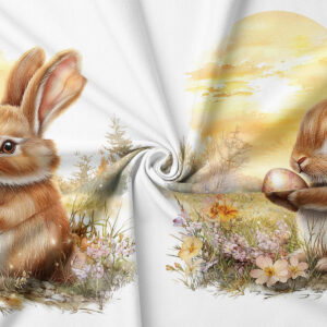 Zbliżenie na detal nadruku zajączka, pisanki i kwiatowej łąki na tkaninie
