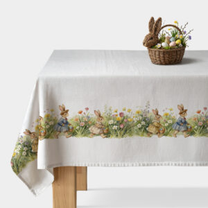 Obrus na stole z bordiurą biegających zajączków i polnych kwiatów, ujęcie całości