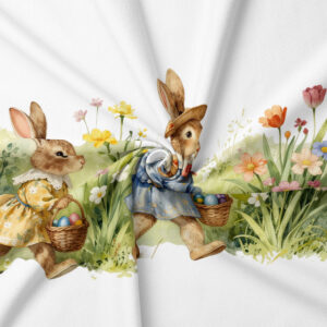 Zbliżenie na ilustracje zajączków w sukienkach niosących koszyki z pisankami, detal tkaniny
