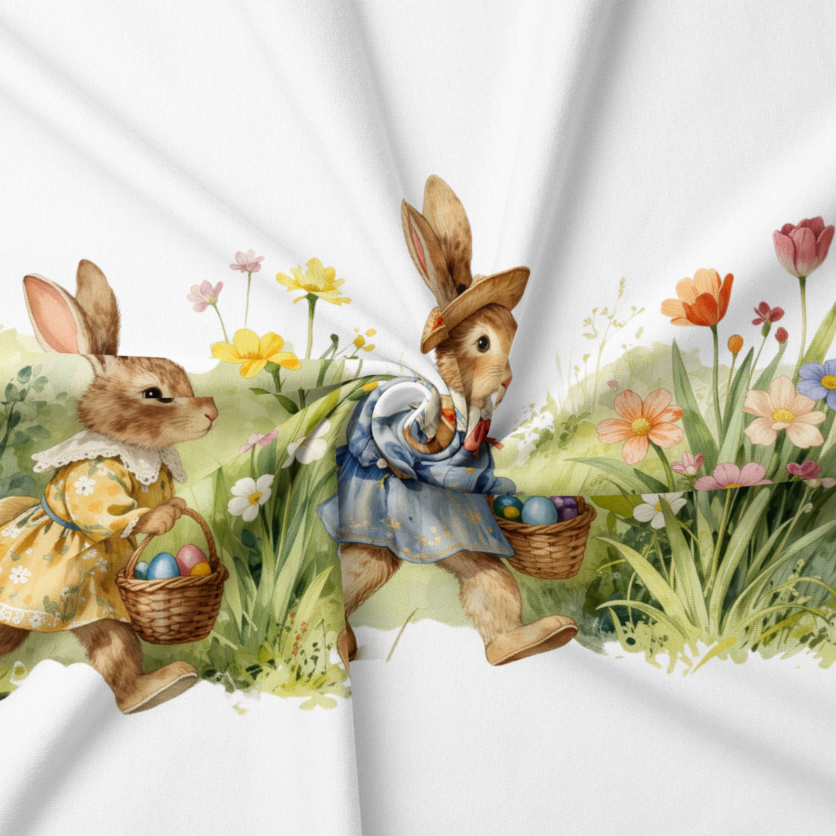 Zbliżenie na ilustracje zajączków w sukienkach niosących koszyki z pisankami, detal tkaniny