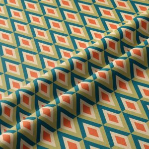 Zbliżenie na tkaninę pokazujące fakturę i diamentowy motyw w turkusie i pomarańczy