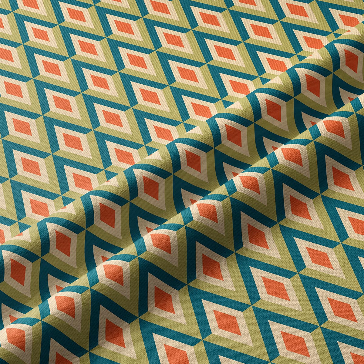 Zbliżenie na tkaninę pokazujące fakturę i diamentowy motyw w turkusie i pomarańczy