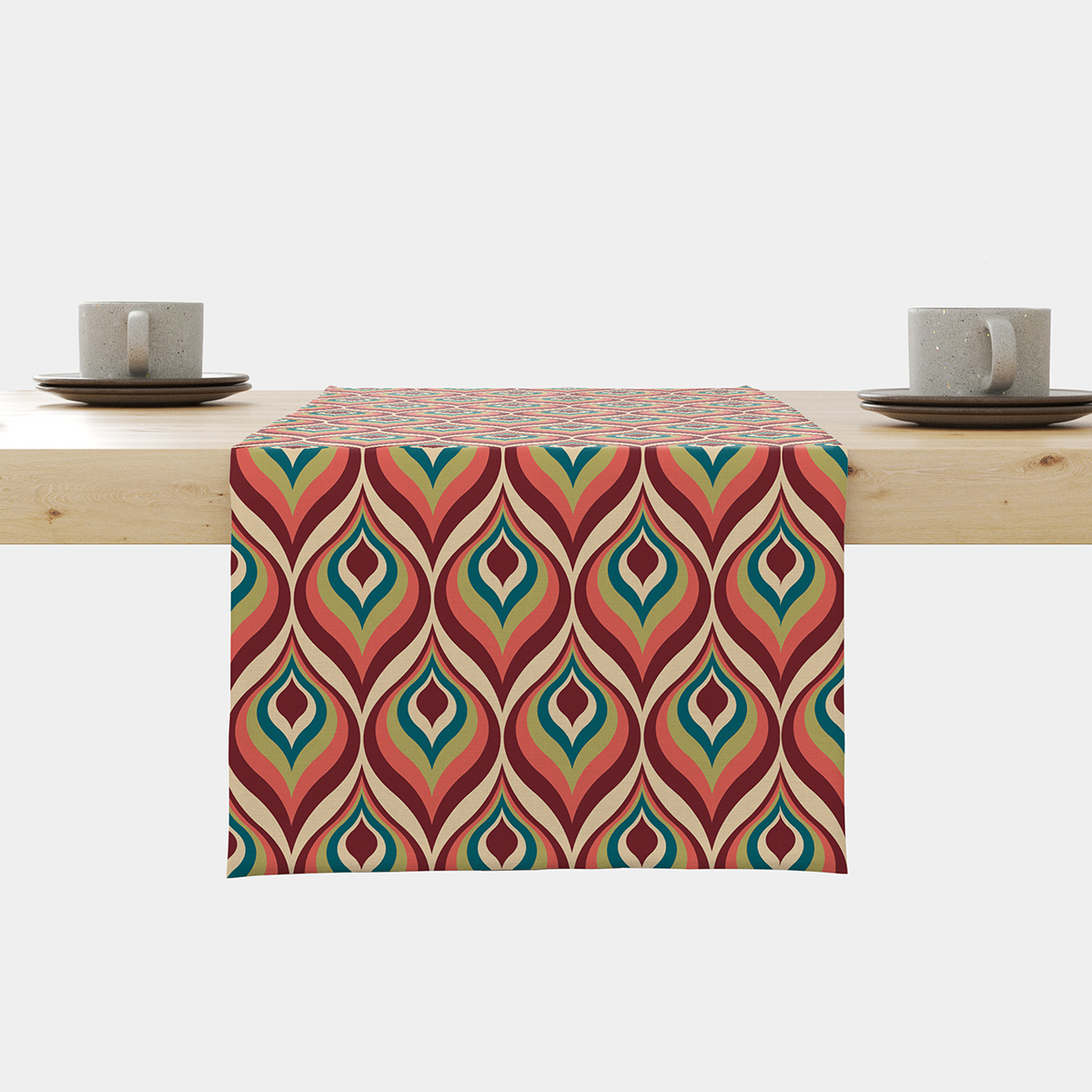 Bieżnik z motywem retro łezek rozłożony centralnie na jasnym stole, widok frontalny