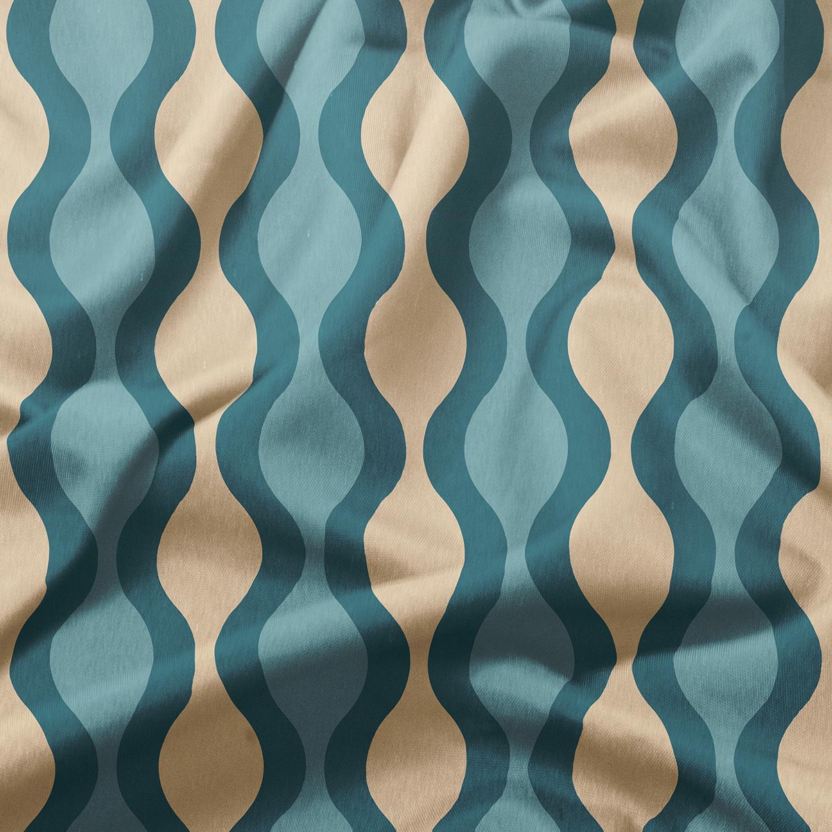 Zbliżenie na materiał i falisty wzór w tonacjach turkusowo-kremowych
