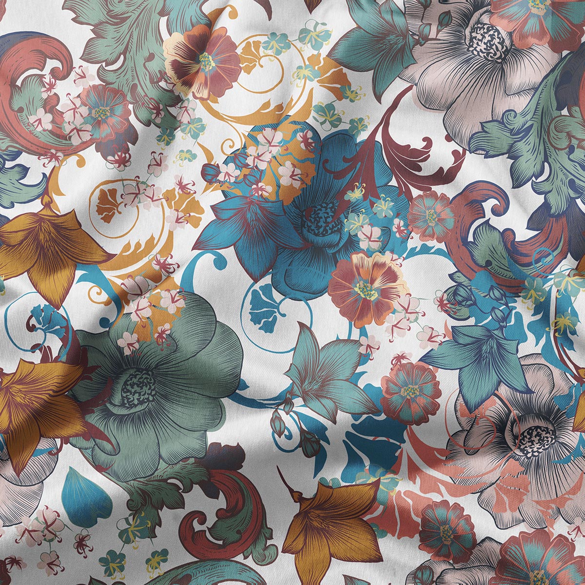 Zbliżenie na tkaninę z misternymi kwiatowymi detalami i ornamentowymi zawijasami