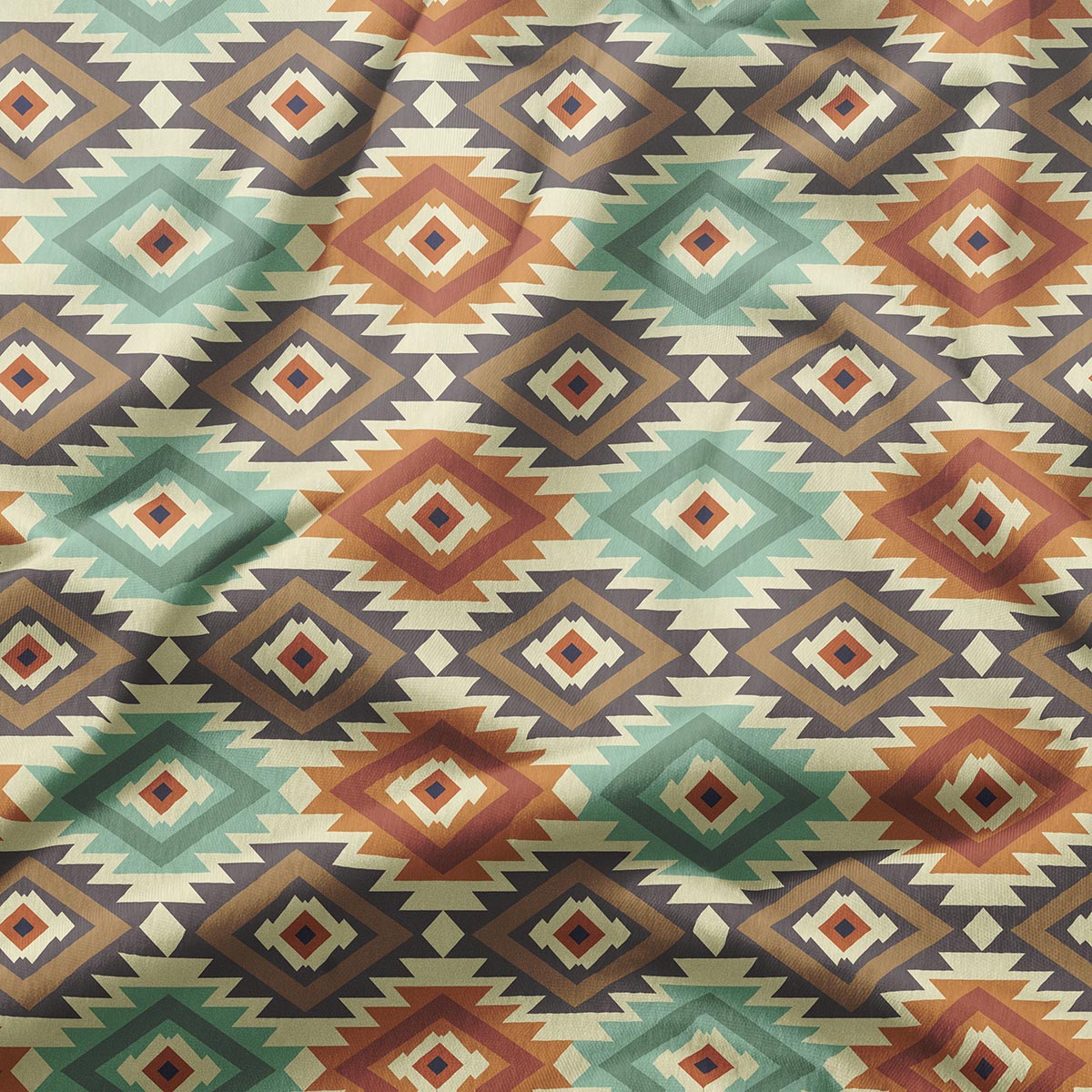 zbliżenie wzoru rombów na tkaninie, detale kolorów miętowego, terakoty i brązu