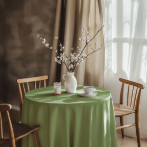 aranżacja stołu z miętowym obrusem, biała waza z gałązkami i filiżanka