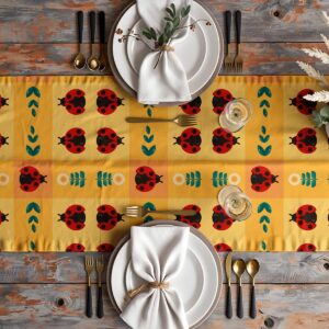 Widok z góry na aranżację stołu z bieżnikiem w kratkę, talerzami i sztućcami