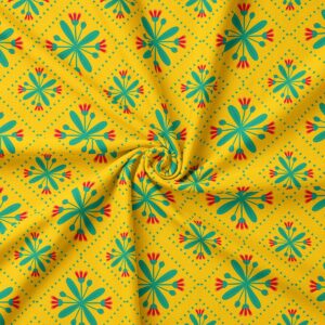 Zbliżenie na detal wzoru pokazujące stylizowane kwiaty i punktowe kropki