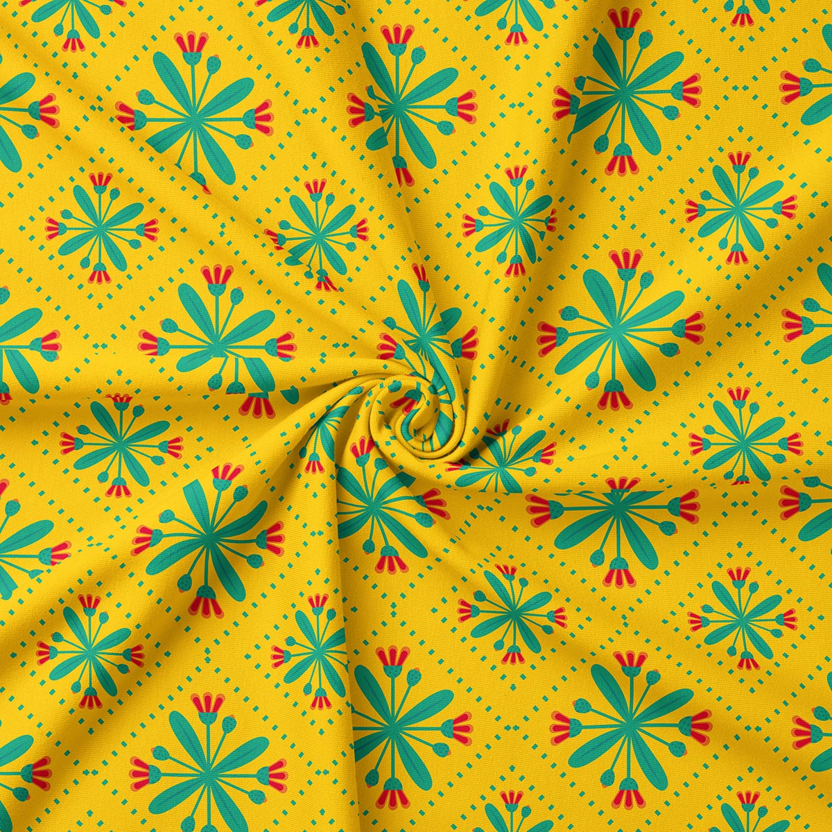 Zbliżenie na detal wzoru pokazujące stylizowane kwiaty i punktowe kropki