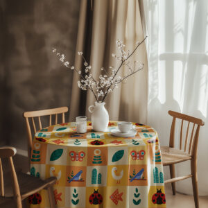 aranżacja stołu z wazą i filiżanką, pokazująca wzór obrusu w kontekście jadalni