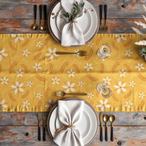 Widok z góry na aranżację stołu z bieżnikiem, zastawą i sztućcami tworzącą przytulną scenę