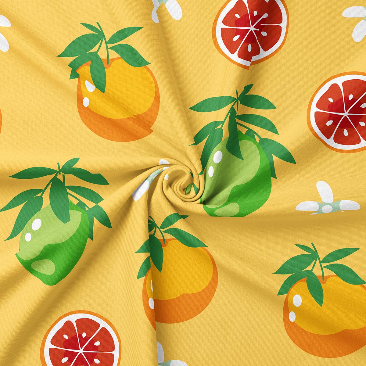 Zbliżenie na materiał z dużymi ilustracjami zielonych limonek i pomarańczy