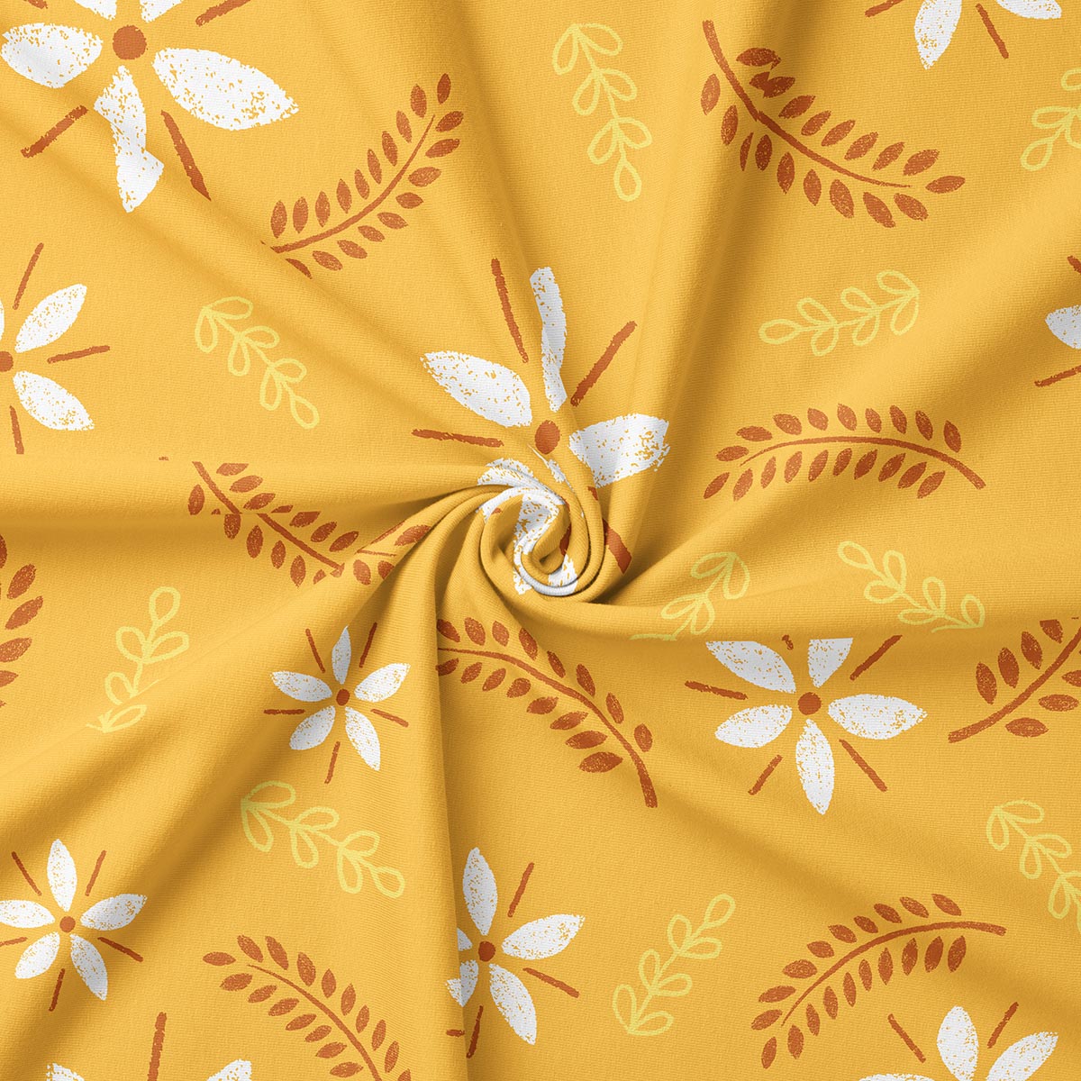 Zbliżenie na fakturę tkaniny i malowany wzór białych kwiatów z drobnymi listkami