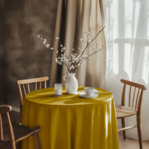 aranżacja stołu z wazonem i filiżanką na musztardowym obrusie w jasnym wnętrzu