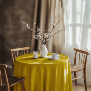 aranżacja jadalni z żółtym obrusem, wazonem z gałązkami i filiżanką w naturalnym świetle