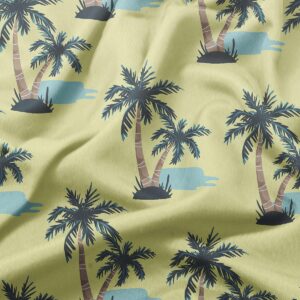 zbliżenie na tkaninę z palmami i turkusowymi plamami, detal wzoru