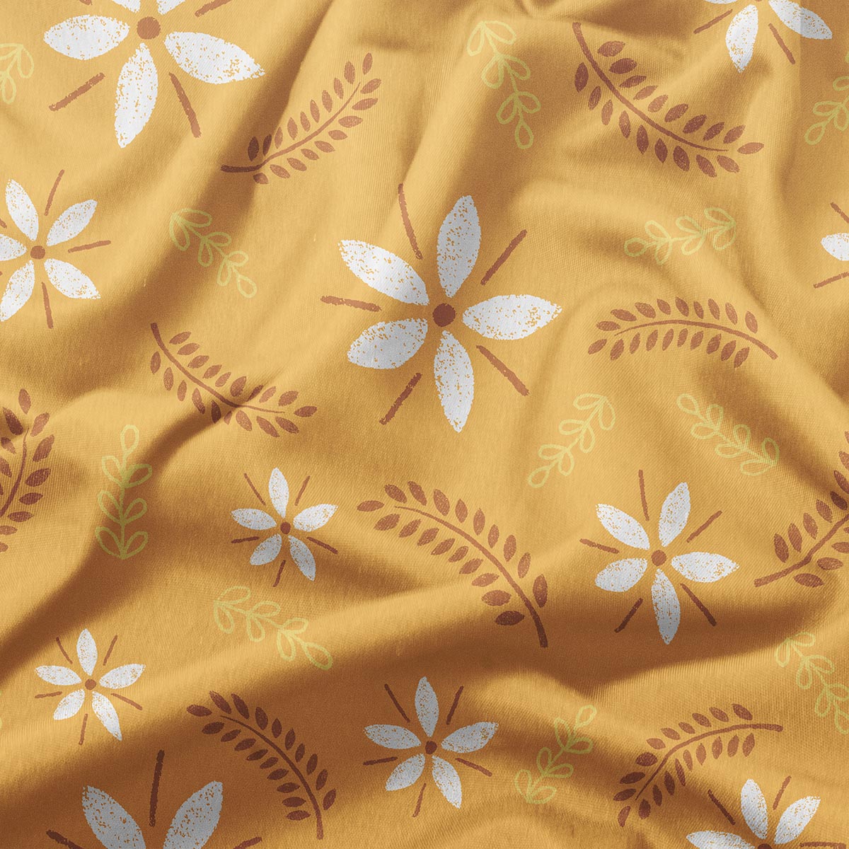 Zbliżenie na fakturę tkaniny i nadruk z białymi kwiatami oraz delikatnymi listkami