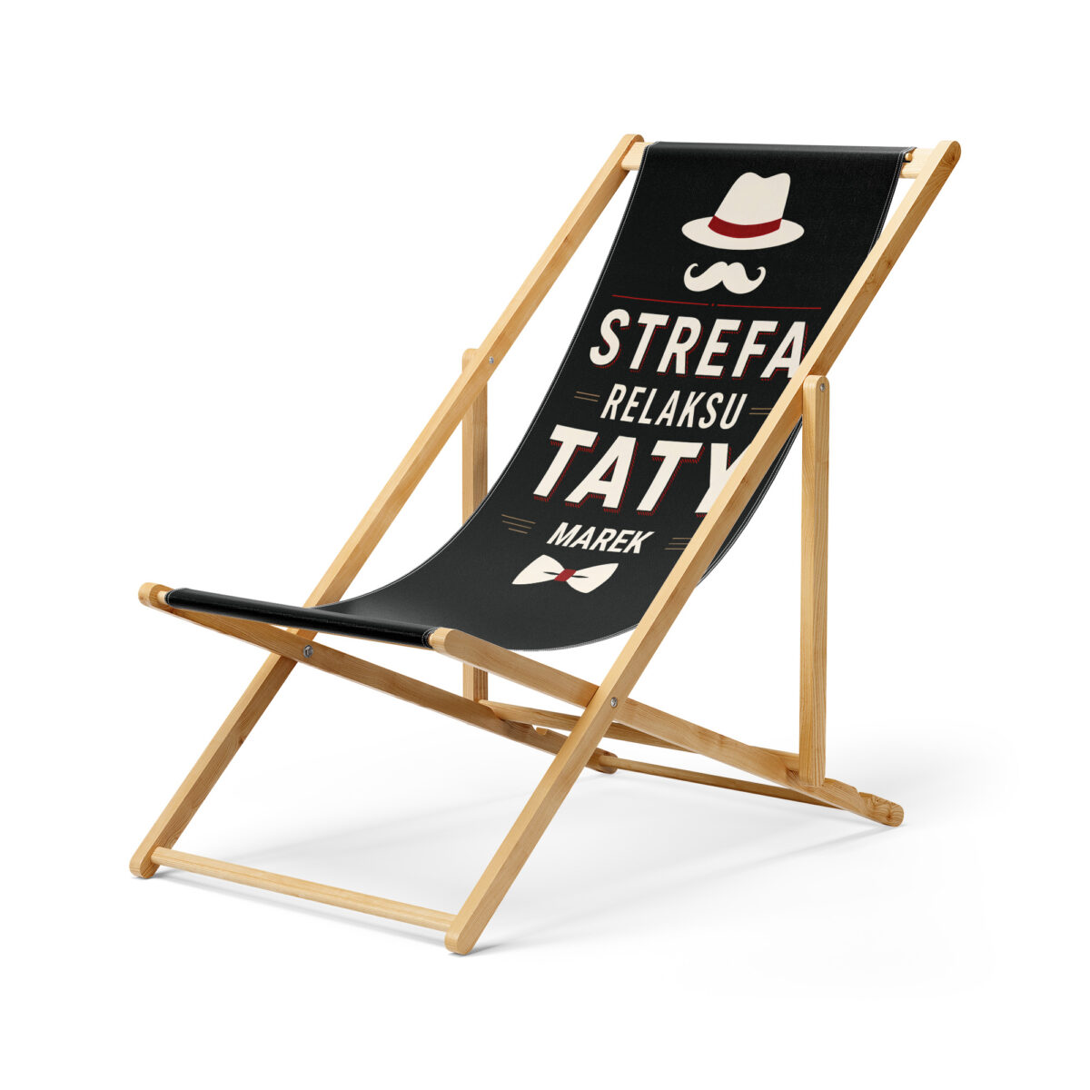Leżak personalizowany Strefa Relaksu Retro — widok główny, czarny materiał z kapeluszem i wąsami oraz miejsce na imię; bukowy stelaż, stylowy leżak jako prezent dla taty