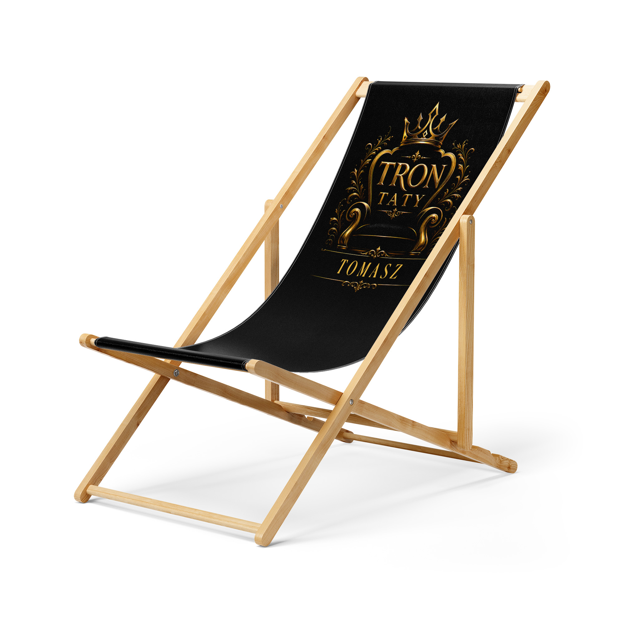 Leżak personalizowany Tron Złoty Retro — widok główny, czarny materiał ze złotym ornamentem i miejscem na imię; elegancki prezent dla taty, drewniany stelaż bukowy